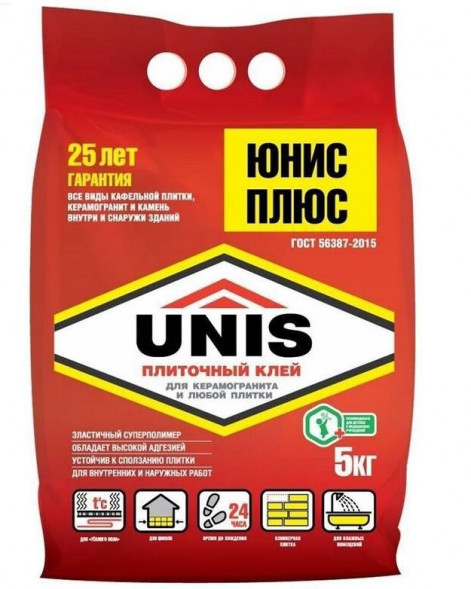 Клей плиточный улучшенный Юнис Плюс, 5 кг