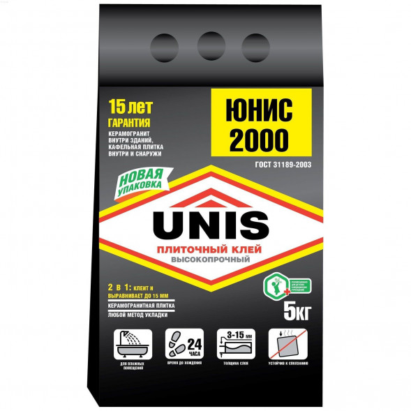 Клей плиточный базовый Юнис 2000, 5 кг